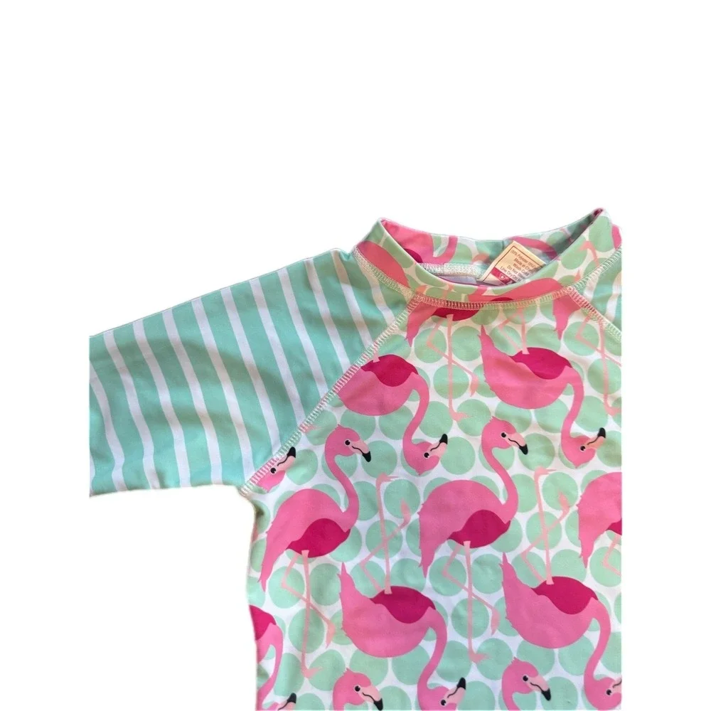 Ruffle Girl Rash Guard Kids Size 10 Pink Flamingo Mint‎ Green Striped Excellent